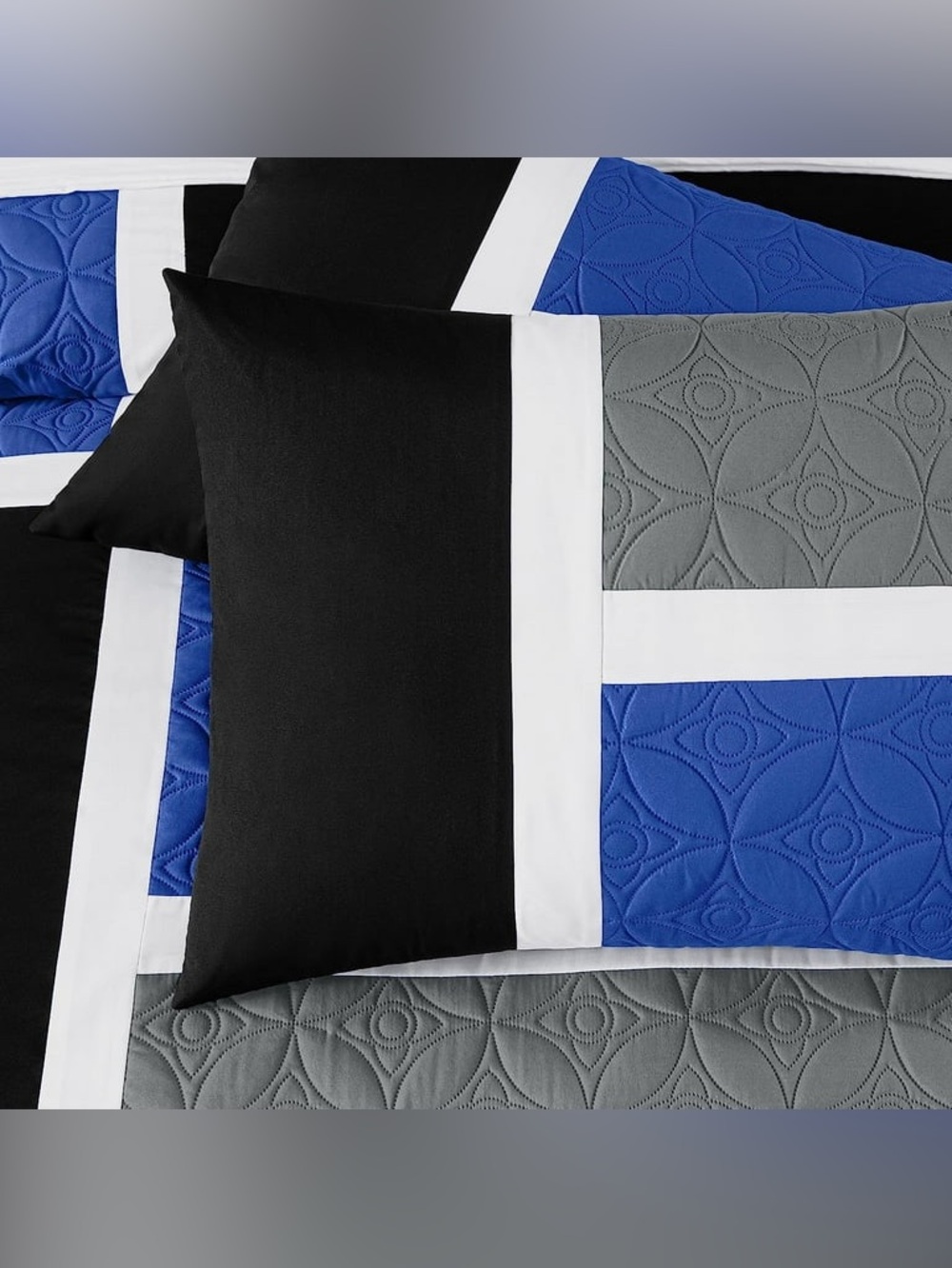 Modern Colorblock Queen 3 piece Comforter Set in Black, Blue & Gray - Picture 3 of 6